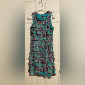 Sleeveless Teal tier ruffled short-sleeved dress with cherry blossom print.